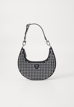 Black handbag with a semi-circular shape, featuring a studded design, adjustable strap, and a logo at the front. Textured material.