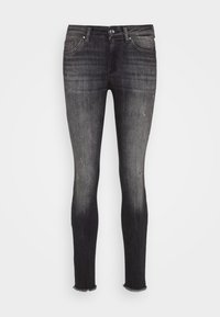 Skinny jeans in dark gray denim, featuring slight distressing, a mid-rise waist, and frayed hems with a smooth texture.