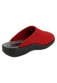 Red felt slip-on shoe with a rounded toe and open back. Features a gray insole and a black rubber outsole for traction.