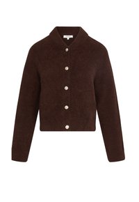 Braune, strukturierte Strickjacke mit einem Kragen, fünf metallischen Knöpfen auf der Vorderseite und langen Ärmeln. Hergestellt aus einem weichen, gemütlichen Material.