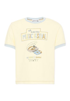T-shirt crema con rifinitura azzurra chiara, con grafica di un giradischi, controlli musicali e testo su un festival di musica elettronica.