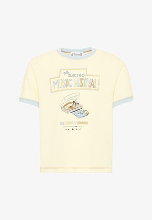 Kremowy t-shirt z jasnoniebieskim wykończeniem, z grafiką gramofonu, kontrolkami muzycznymi oraz tekstem o festiwalu muzyki elektronicznej.