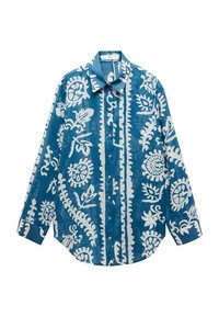 Chemise bleue boutonnée avec un motif floral blanc et Paisley ; possède un col classique et des manches longues. Fabriquée en tissu léger.