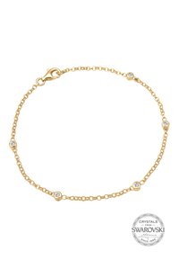 Gold chain bracelet with circular links, adorned with four round clear crystals. Features a lobster clasp for closure.