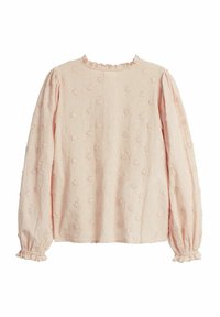Rosa långärmad blus med rynkad halsringning, blommig broderi och puffärmar med elastiska manschetter för textur och detalj.