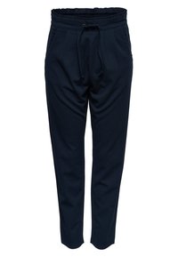 Pantaloni jogger blu navy con vita regolabile, dotati di tasche laterali e design a gamba affusolata in un tessuto liscio.