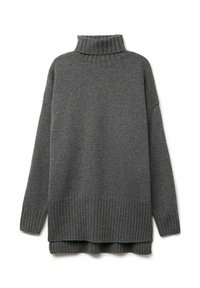 Szary dzianinowy sweter z golfem, z ribbowanym dołem i mankietami, o luźnym kroju i miękkiej fakturze, zaprojektowany z myślą o komforcie i ciepłu.