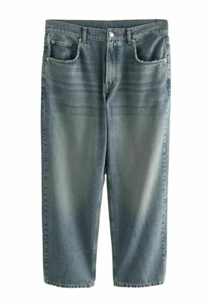 Világoskék farmernadrág, laza fazonú, öt zsebbel, övbújtatókkal és egyenes szabással. A szöveten enyhe kifakulás látható.