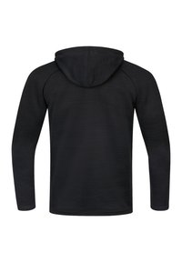 Zwarte hoodie met een gestructureerd oppervlak, lange mouwen en een trekkoord in de capuchon. Beschikt over een eenvoudig, ongecompliceerd ontwerp zonder zichtbare logo's of patronen.