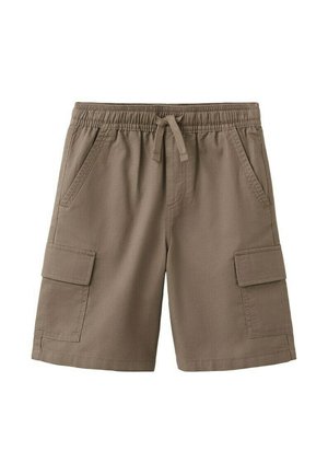 Shorts cargo marron pour hommes avec taille élastique, cordon de serrage à l'avant, poches latérales et poches cargo à rabat sur chaque jambe, présentés sur fond blanc.