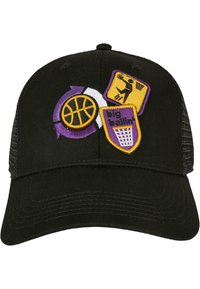 Cappello da baseball nero con retro in rete, decorato con badge ricamati, tra cui un pallone da basket, la silhouette di un giocatore e il testo "big ballin'".