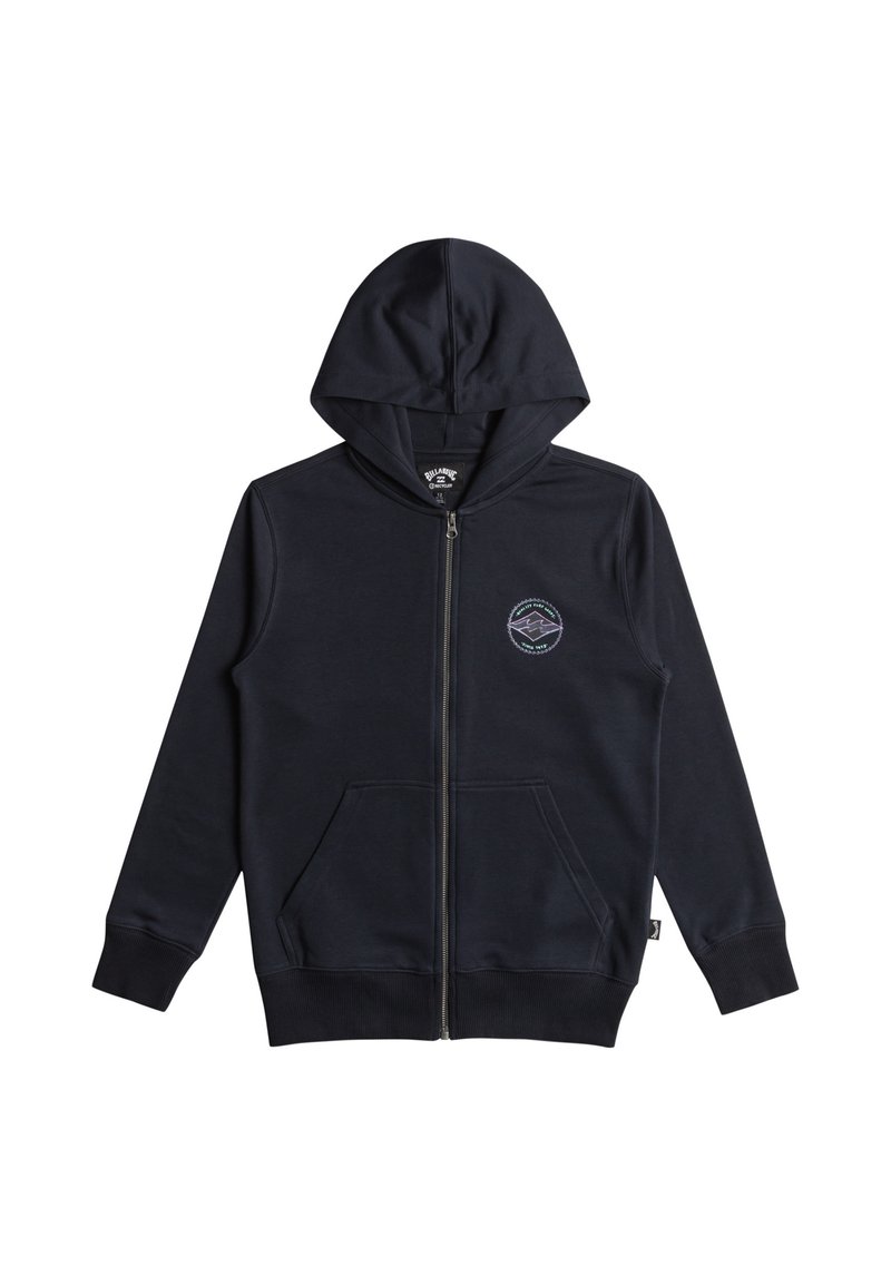 Marineblaue Zip-Hoodie aus weichem Material, mit einem Front-Logo-Patch, zwei Seiten Taschen und einer Kapuze mit Kordelzug.