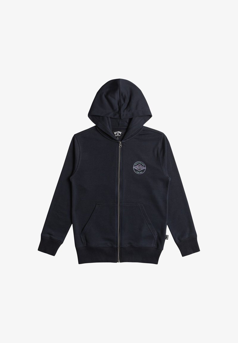 Marineblå zip-hoodie i mjukt material, med en framsida logotyp-patch, två sidofickor och huva med dragsnöre.