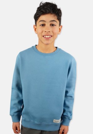 Vaaleansininen crewneck-huppari, puuvillasekoitetta, raidoitetut hihansuut ja helma, jossa logo-patch vasemmassa alareunassa. Rentoa istuvuutta.