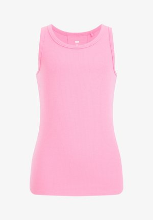 Rožinė be rankovių marškinėlių viršutinė, pagaminta iš raštuoto audinio. Turi apvalų iškirpimą ir prigludusią konstrukciją. Lygus paviršius be matomų detalių.