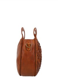 Brown leather handbag with woven front panel, two handles, and a metal D-ring detail on one side, shown from a side view.