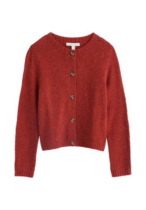 Red knitted cardigan with long sleeves, round neckline, five brown buttons down the front, and ribbed cuffs and hem.