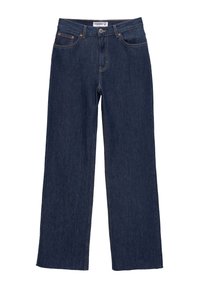 Dark blue denim wide-leg jeans with a high waist, featuring contrast stitching and a traditional button closure. No embellishments or patterns.