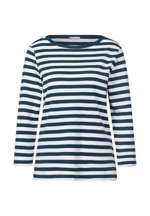 Langarmshirt aus weichem Stoff mit abwechselnden dunkelblauen und weißen horizontalen Streifen, rundem Ausschnitt und normaler Passform.