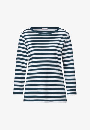 Pitkähihainen paita, joka on valmistettu pehmeästä kankaasta ja jossa on vuorotellen tummansininen ja valkoinen vaakaraitakuosi, pyöreä pääntie ja normaali istuvuus.