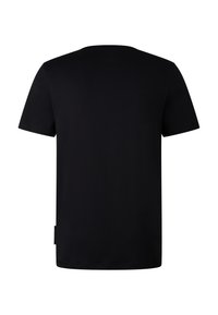 Czarna, krótkosleeve koszulka T-shirt pokazana z tyłu na białym tle, z małą metką na dolnym lewym boku.