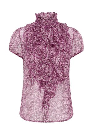 Áttetsző, rövid ujjú lila blúz magas fodros gallérral és az elején lefelé hullámzó fodrokkal, finom absztrakt mintával.