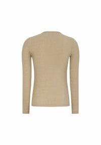 Beige hosszú ujjú ing bordázott textúrával, kerek nyakkivágással és testhezálló sziluettel, látható fémes elemek vagy minták nélkül.