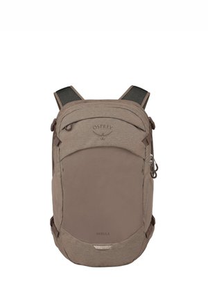 Sac à dos Osprey Nebula marron et taupe avec bretelles rembourrées et plusieurs compartiments zippés à l’avant.