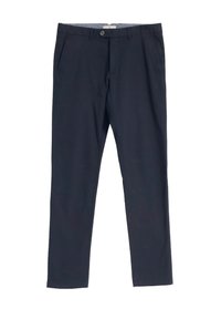 Chinos azul marino de algodón, con un diseño ajustado, trabillas para cinturón, dos bolsillos laterales y un solo bolsillo trasero con cierre de botón.