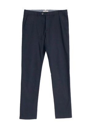 Chinos azul marino de algodón, con un diseño ajustado, trabillas para cinturón, dos bolsillos laterales y un solo bolsillo trasero con cierre de botón.