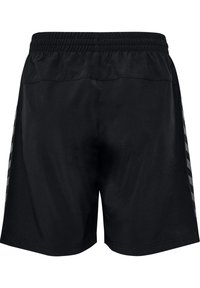 Svarta sportshorts gjorda av lätt material med resårmidja och sidostripes med ett rutmönster.