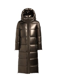 Langer Puffer-Mantel aus glänzendem, dunkelbraunem Material, mit Kapuze, Reißverschluss-Taschen und gestepptem Design mit rechteckigen Paneelen.