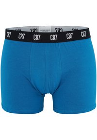 Boxers cortos azules de algodón suave, con una cinturilla elástica negra que presenta la marca "CR7" en blanco. Superficie lisa y ajuste ceñido.