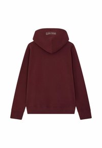 Sweat à capuche bordeaux avec une capuche, des poignets et un ourlet côtelés. Présente un logo imprimé au dos. Fabriqué en tissu doux et texturé.