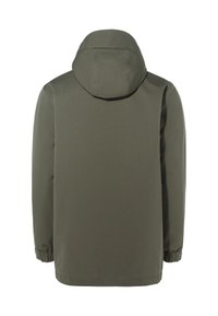 Giacca con cappuccio verde oliva, realizzata in materiale liscio e resistente all'acqua. Caratterizzata da polsini elastici e un design minimale. Vista posteriore mostrata.