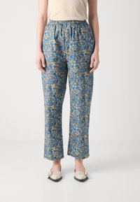 Pantaloni a gamba larga con stampa floreale blu e vita elastica, con piccoli dettagli bianchi e dorati, realizzati in un tessuto leggero e morbido.