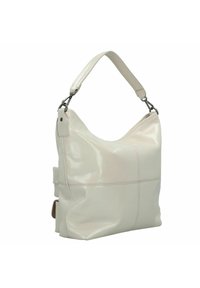 Crème-kleurige leren handtas met een glanzende afwerking, gebogen vorm en een enkele schouderband. Heeft subtiele stikdetails.
