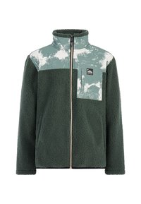 Fleece jacket met een groene bodysuit en een lichtgroen, gemarmerd patroon aan de bovenkant. Voorzien van een ritssluiting en een borstzak.