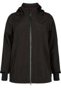 Black softshell jacket with a zip front, adjustable hood, and side pockets. Textured fabric with smooth detailing at cuffs and zipper.