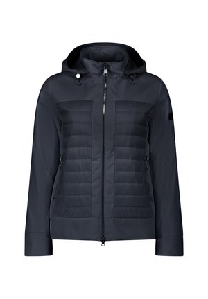 Mørkeblå jakke med quiltet bryst, lynlåslukning, justerbar hætte, sidelommer og en glat overflade.