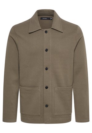Braune gewebte Jacke mit spitzem Kragen, Knopfverschluss und zwei Vorderentaschen. Verfügt über dunkle Knöpfe und einen strukturierten Stoff.
