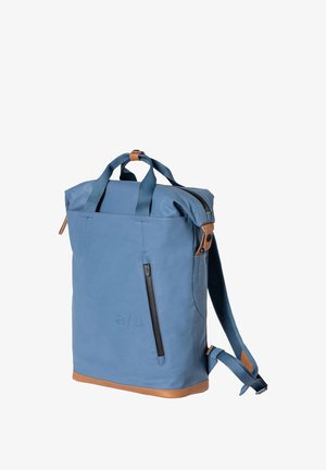 Blue waterproof backpack with leather accents, roll-top closure, front zip pocket, and adjustable straps. Smooth texture and modern design.