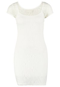 Bílé krajkové šaty s krátkým rukávem, přiléhavý střih a hladká textura. Obsahují jemný květinový vzor po celém povrchu.