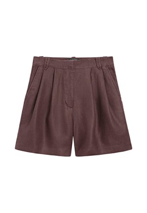 Brązowe, plisowane szorty z wysokim stanem, bocznymi kieszeniami i szlufkami na pasek, wykonane z miękkiego materiału, ułożone na płasko na białym tle.