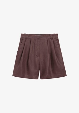 Brązowe, plisowane szorty z wysokim stanem, bocznymi kieszeniami i szlufkami na pasek, wykonane z miękkiego materiału, ułożone na płasko na białym tle.