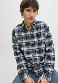 Blå og hvidternet flannel skjorte med lange ærmer, knap-ned design og en blød tekstur. Båret over en brun top, parret med blå jeans.