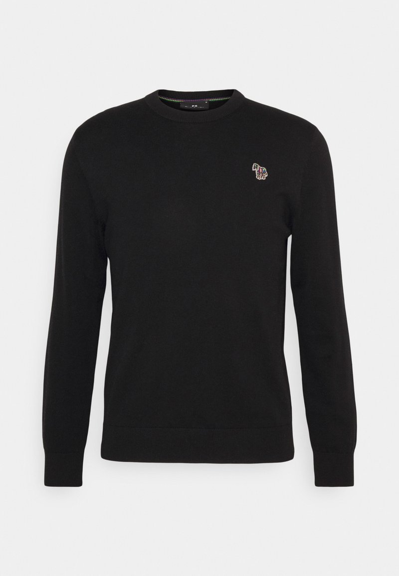 Pull noir à manches longues avec col rond et petit logo zèbre multicolore brodé sur le côté gauche de la poitrine.