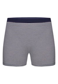 Marineblaue und weiße gestreifte Boxershorts mit einem weichen, elastischen Bund und glatter Textur, die gleichmäßig verteilte horizontale Streifen aufweisen.