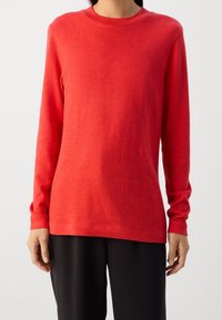 Maglione rosso a maniche lunghe in una texture morbida, con collo rotondo e vestibilità dritta. Design semplice senza pattern o accenti prominenti.