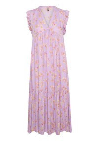 Lila cvetna obleka s kratkimi nabrano oblikovanimi rokavi, V-izrezom in večstopenjskim krilom, ki ima po vsem potisku oranžne in rumene cvetne vzorce.